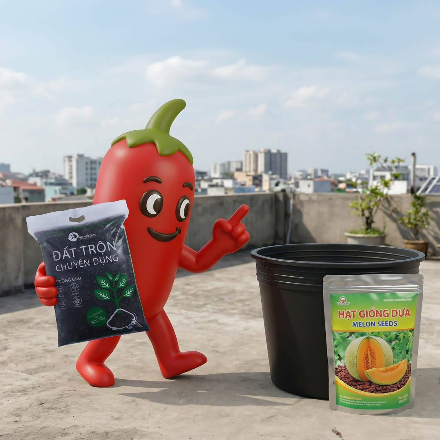 chuẩn bị trồng dưa lưới trên sân thượng