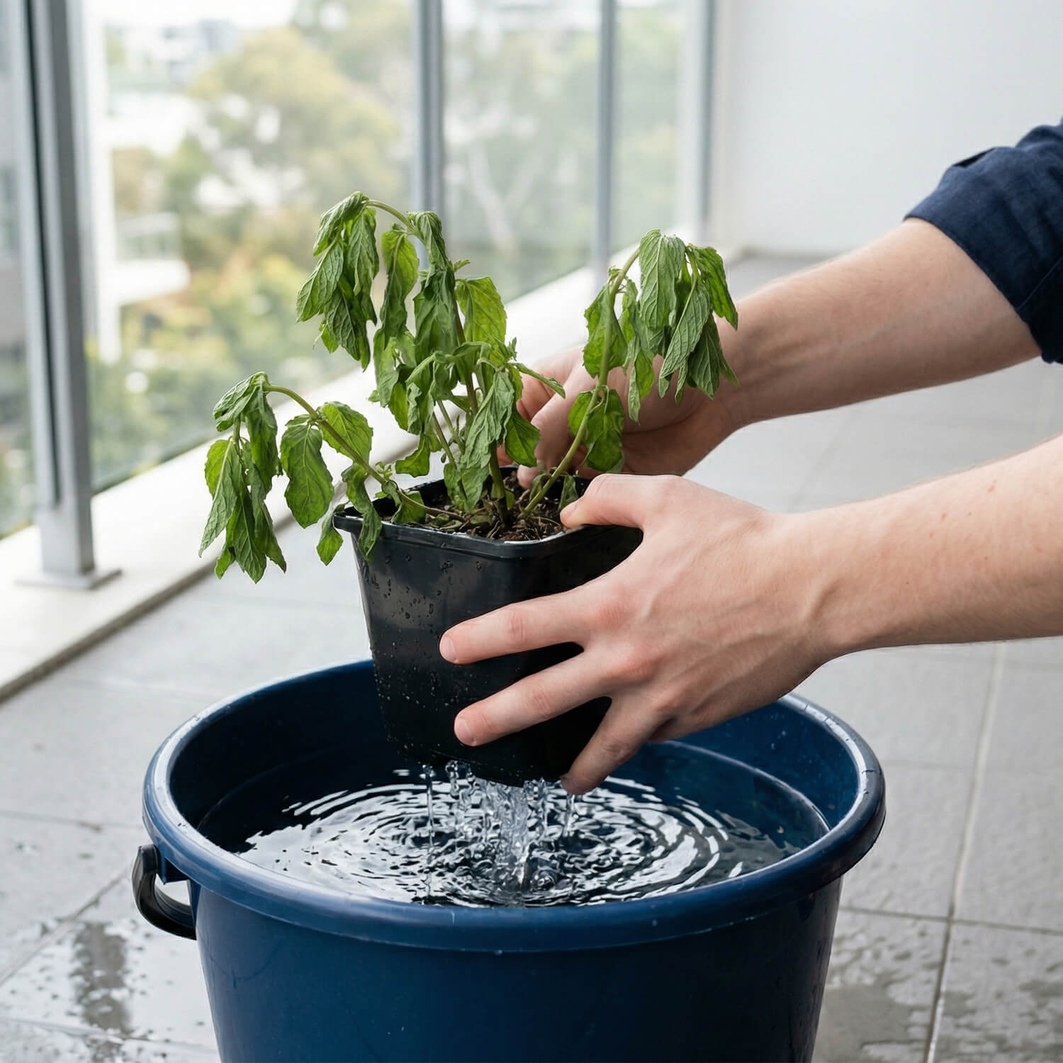 ngâm chậu cây vào xô nước để cấp nước đủ cho cây