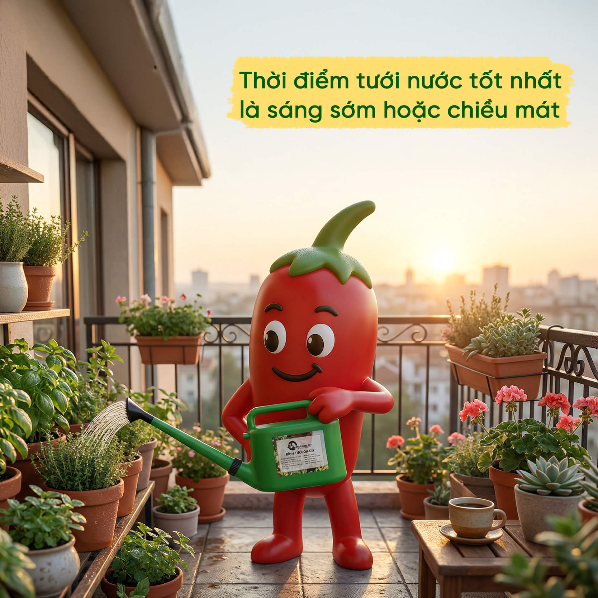 mẹo tưới cây mùa nắng - tưới nước vào sáng sớm hoặc chiều mát