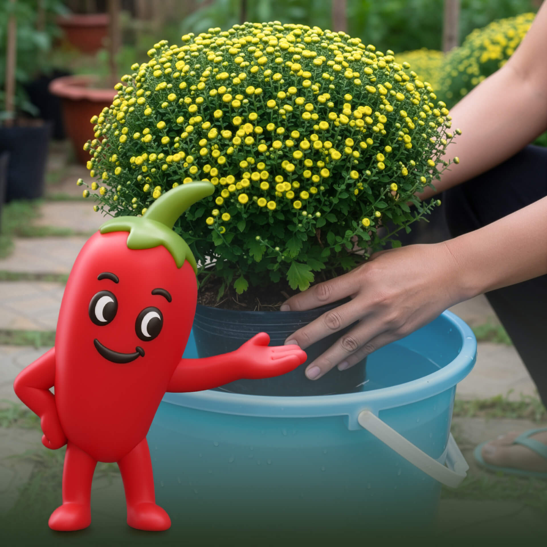 tưới nước cho cây cúc mâm xôi