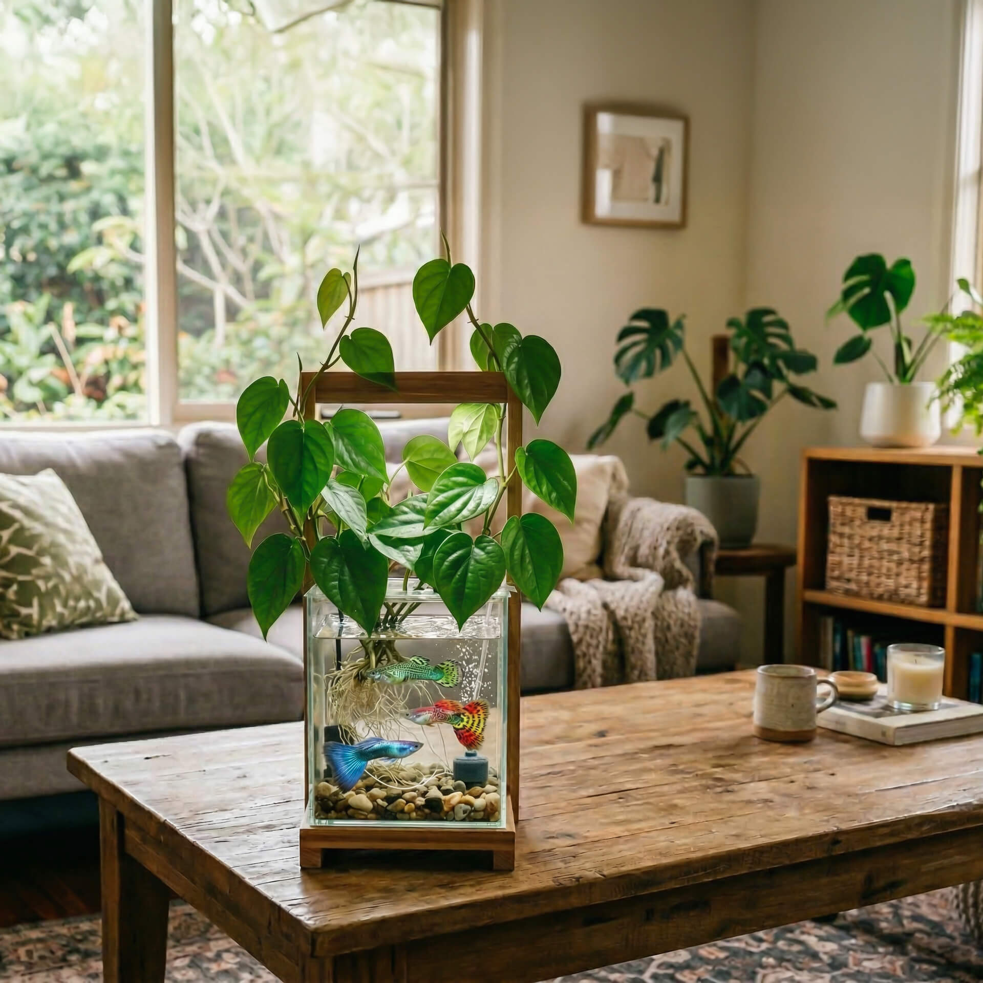 trang trí cây trầu bà thủy canh